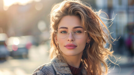 Obraz premium Portrait of a young woman walking around the metropolis wearing glasses. Beautiful woman enjoying the weather outdoors.