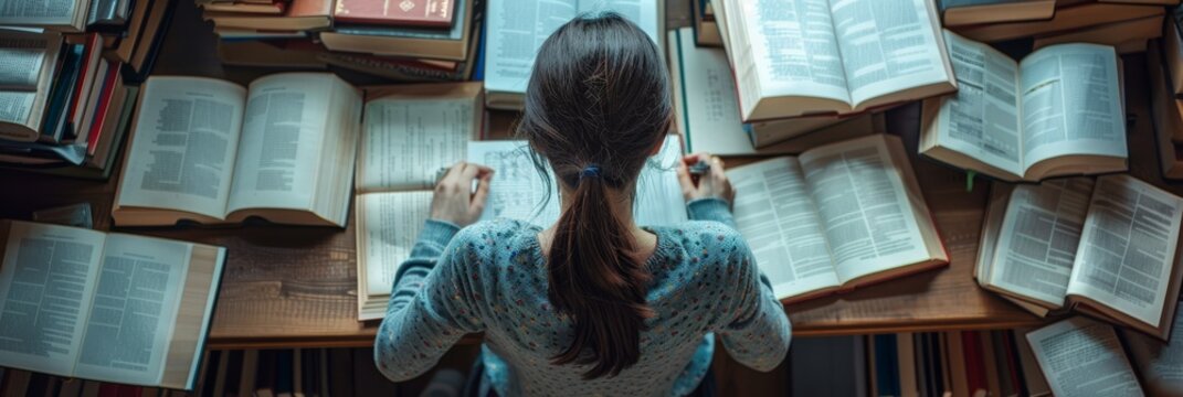Deep in the quiet library, a hardworking student is completely engrossed in studies, surrounded by a multitude of open books, showcasing a strong dedication and focus towards education