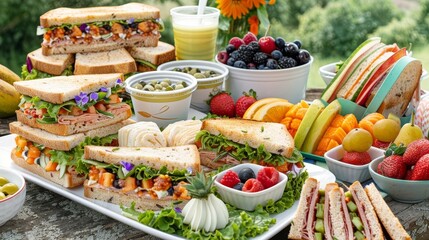 Sumptuous summer picnic food spread, fresh fruits, gourmet sandwiches, vibrant colors, Summer picnic, food spread, gourmet