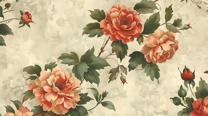 A timeless vintage wallpaper design showcasing classic floral prints of dahlias and hibiscus. The intricate floral details are depicted in soft, vintage colors with a subtly aged background,