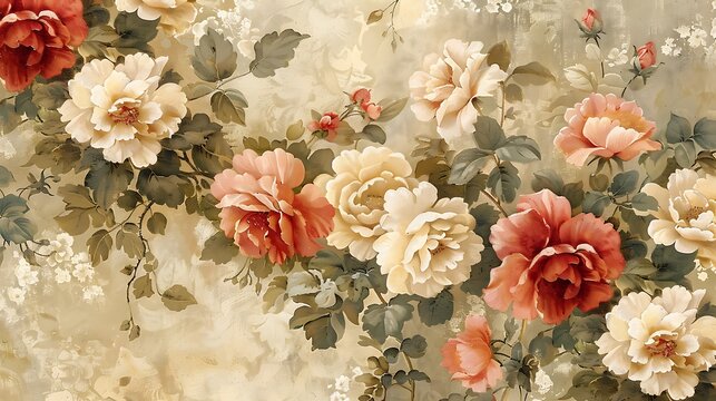 A timeless vintage wallpaper design showcasing classic floral prints of dahlias and hibiscus. The intricate floral details are depicted in soft, vintage colors with a subtly aged background,