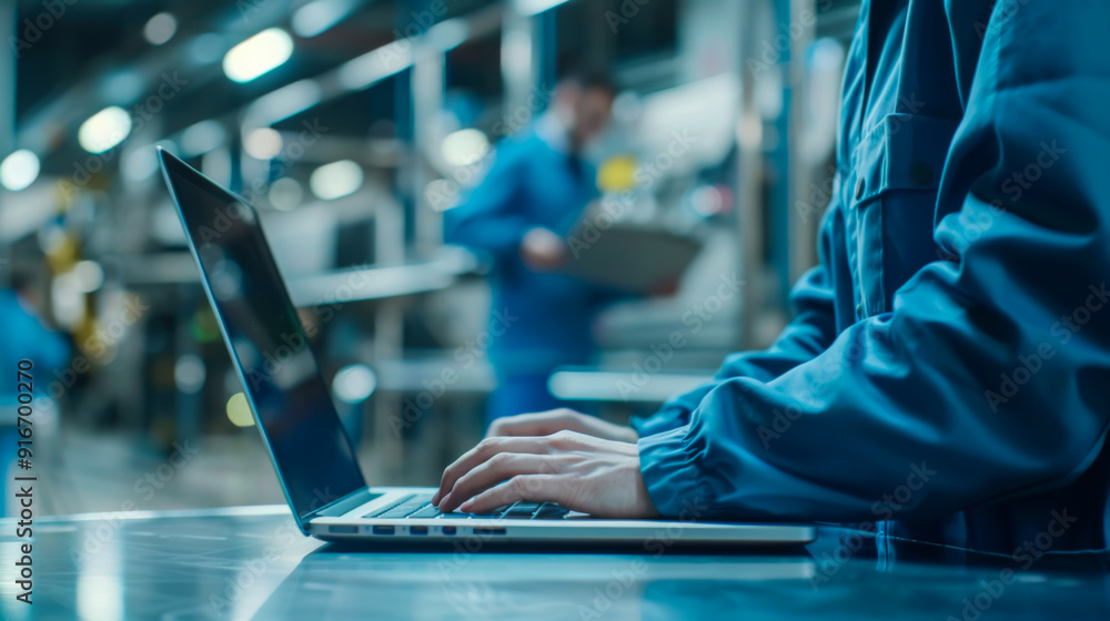 Aufkleber close-up of the hands of a laboratory employee in uniform working in a laptop. an office worker is t