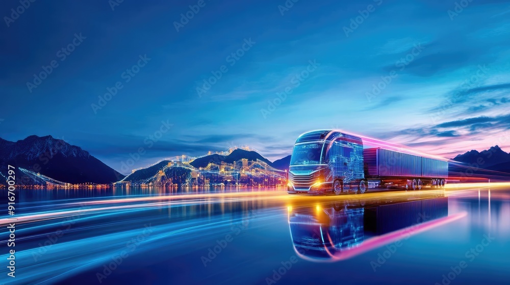 Wall mural a vibrant night scene showcasing a modern train speeding alongside a calm lake, with mountains and c