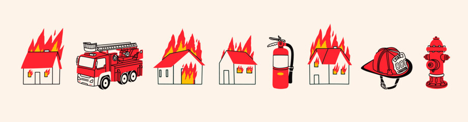 Firefighter Set, building on fire. Emergency equipment. Burning house, helmet, hose, hydrant, extinguisher, fire truck. Hand drawn Vector illustration. Isolated design elements