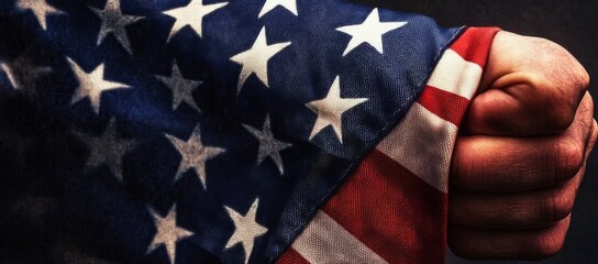 Fototapeta premium Strength and Unity in the Face of Political Challenges: The American Flag Enveloping a Raised Fist Symbolizing Patriotic Salute