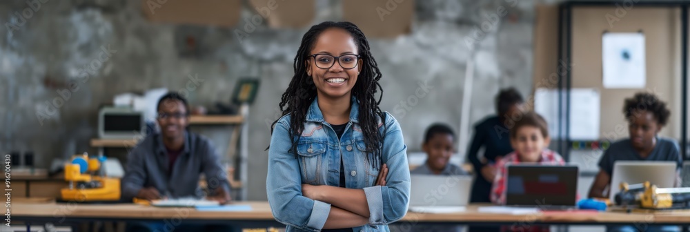 Poster in a diverse classroom, a confident female student leads a technology workshop with peers, fostering