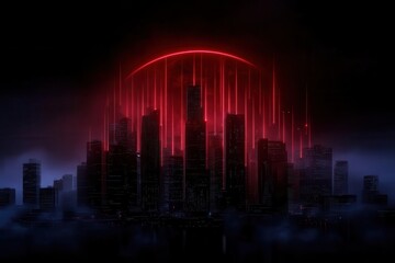 A dramatic city skyline illuminated by a bold red glow, creating a captivating and futuristic atmosphere in the night.