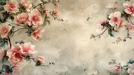 A timeless vintage wallpaper design showcasing orchids and camellias with intricate detailing. The floral details are depicted in soft, vintage colors with a delicately aged background,