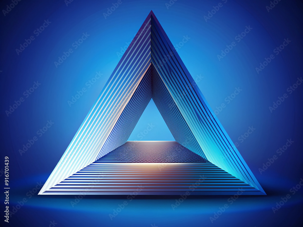 Wall mural Geometric triangle shape formed by converging lines, with contrasting colors and subtle shadows, against a smooth, gradient blue background, evoking harmony and balance.