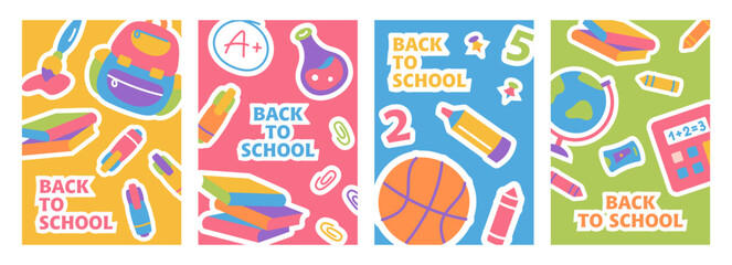 Set of banners with study supplies. Colorful backgrounds with school object and supplies. Trendy Back to School Banners for Children. Vector illustration for poster, banner, flyer, advertising, cards
