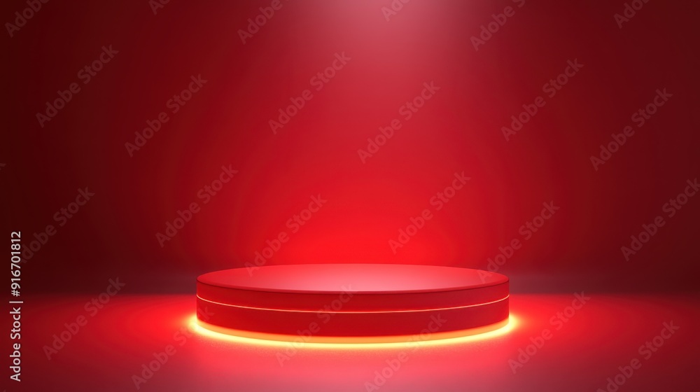 Poster dynamic minimalist 3d red light podium for product presentation in soft illumination