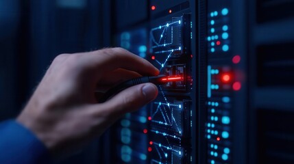 Close-up of a hand adjusting network cables in a modern server cabinet, highlighting technology and connectivity in a digital environment.