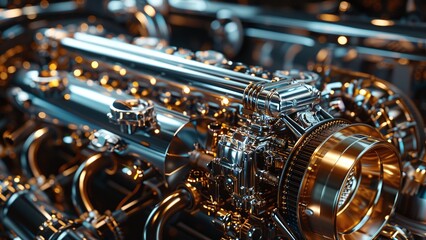 Fototapeta premium Supercar Engine Showcasing Intricate Details of Powerful Machinery - Gleaming Metallic Components Under Focused Light
