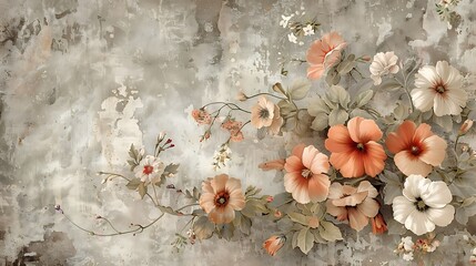 A timeless vintage wallpaper design showcasing sweet peas and nasturtiums in a faded, nostalgic color scheme. The intricate floral details are depicted in soft,