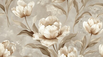 A timeless vintage wallpaper design with classic tulips and peonies, featuring detailed leaf patterns in soft, muted colors. The aged background enhances its antique and elegant appeal.