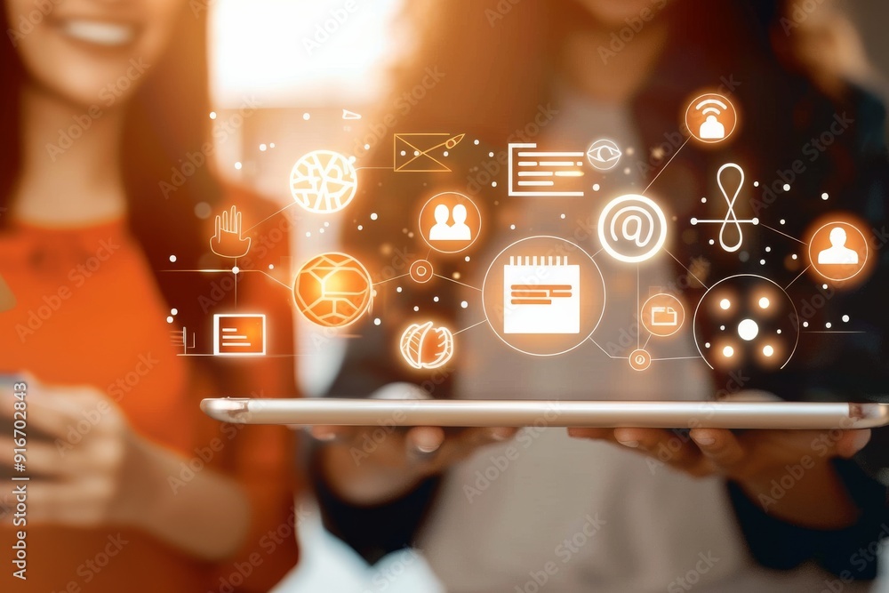 Poster a detailed image of businesswomen demonstrating digital marketing and technology through modern tool