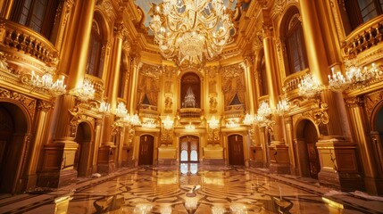 Fototapeta premium Luxury opera interior décor in golden retro splendor, reflecting the elegance of classical performances