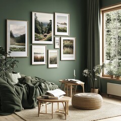 Fototapeta premium A green room with a window and a rug. The room has a variety of framed pictures on the wall, including one of a mountain