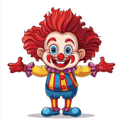  colorful cartoon clown with big hair and a wide smile on a white background.
