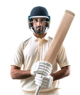 Portrait of south asian cricket batter holding a bat, wear a helmet and glove on isolated background