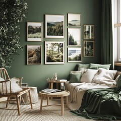 A green room with a large wall of framed pictures. The pictures are of nature, including trees and mountains. The room has a cozy and peaceful atmosphere, with a wooden coffee table and a chair
