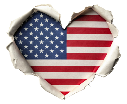 American flag in heart shape torn from paper isolated on transparent background