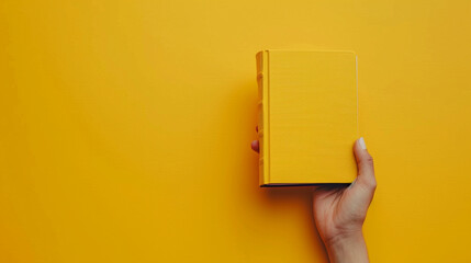 A hand is holding a yellow book