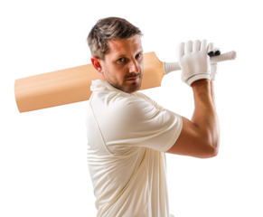Caucasian cricket player pose with his cricket bat over shoulder