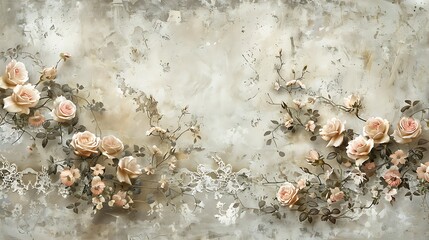 Fototapeta premium A vintage wallpaper featuring antique floral lace with roses and lilies. The flowers are depicted in soft hues with intricate lace-inspired patterns,