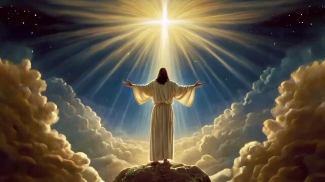 jesus christ in the clouds and a cross in the sky