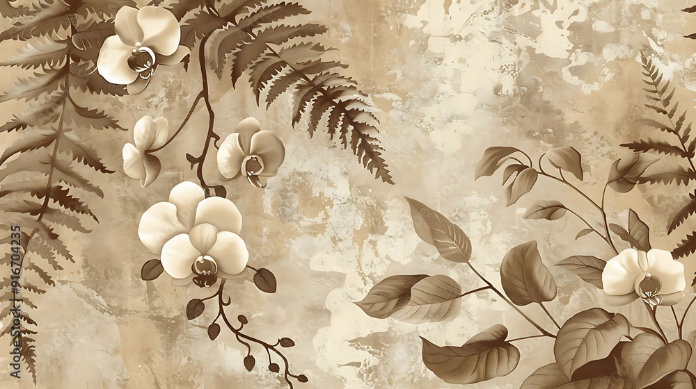 Wall mural A vintage wallpaper featuring detailed botanical prints of orchids and ferns. The flowers and leaves are illustrated in intricate sepia tones,