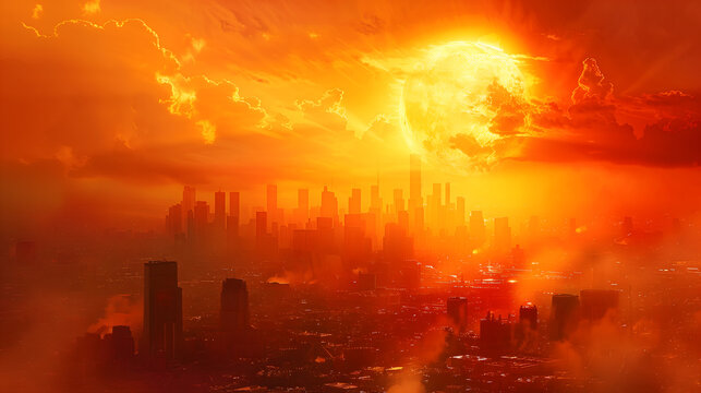 Paisaje de ciudad bajo un sol ardiente en una ola de calor