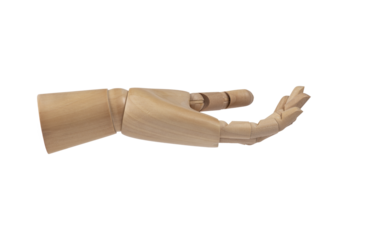 Wooden hand outstretched palm up isolated on white background. Copy space. PNG Transparent background. Concept of showing, giving or holding.
