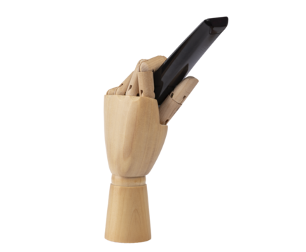 Wooden hand holding black tv remote control. PNG Transparent background. Concept of entertainment, tv and remote control