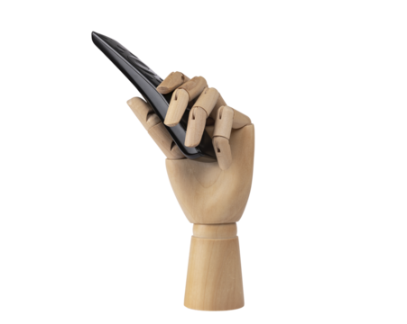 A wooden hand holding a tv remote control. PNG Transparent background. Entertainment, tv and remote control concept
