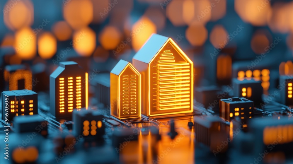Poster futuristic insights on housing economic modeling through digital platforms with copy space for text 