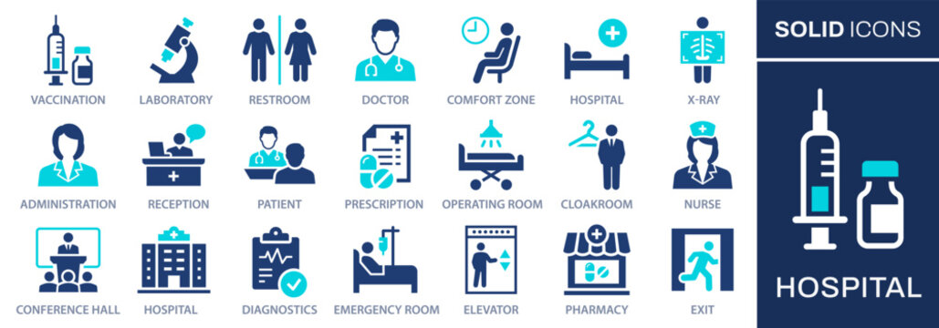 Set of hospital related icons including symbols for various medical departments and services such as vaccination, laboratory, reception, and more. Vector illustration.