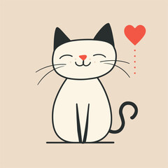 Happy black and white cat illustration with red hearts, symbolizing love.

