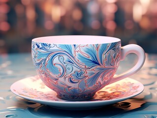 A stunning, 3D rendered teacup and saucer featuring intricate, swirling floral and wave patterns in warm, glowing colors.