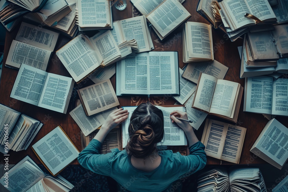 Poster In the midst of a dedicated study session, a committed student is encircled by various open books on a wooden table, showcasing a profound enthusiasm for education and scholastic success