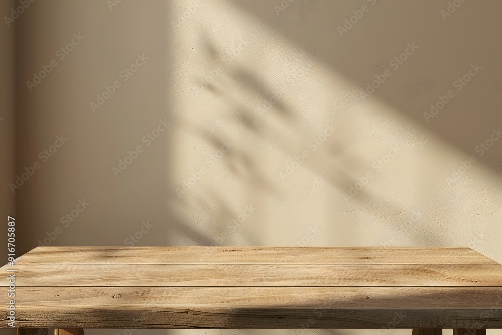 Aufkleber close-up of a table with soft shadow on beige background for product display or presentation mockup