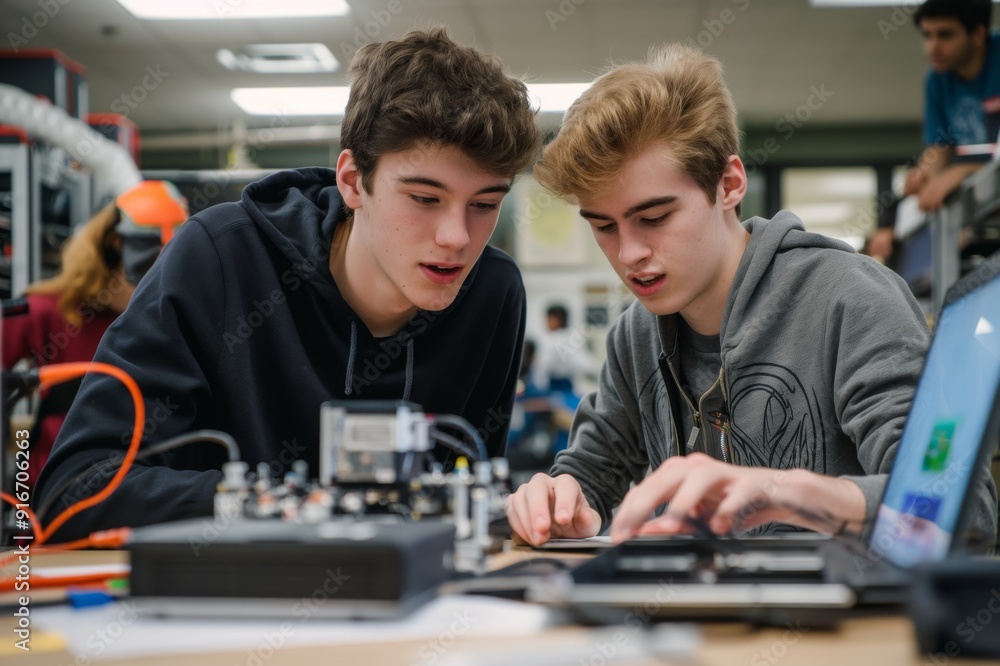 Aufkleber Two tech enthusiasts collaborate on an electronics project using laptops, showing teamwork, problemsolving, engineering, and programming skills. They are focused, engaged, and handson in learning