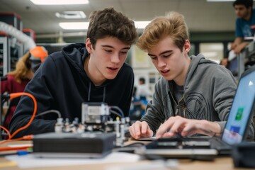 Two tech enthusiasts collaborate on an electronics project using laptops, showing teamwork, problemsolving, engineering, and programming skills. They are focused, engaged, and handson in learning