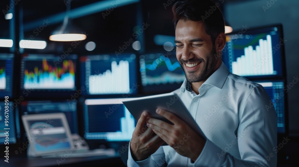 Leinwandbilder a man is smiling while holding a tablet in front of a computer monitor