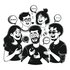 Illustration of four people having a conversation with happy face speech bubbles.
