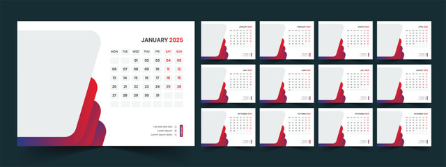 PrintCalendar 2025 planner corporate template design set. Week starts on Monday. template for annual calendar 2025