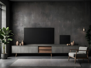 Dark home living room interior with sofa and sideboard with decoration, relax area with soft place and grey concrete floor. Mock up blank empty TV screen. 3D rendering