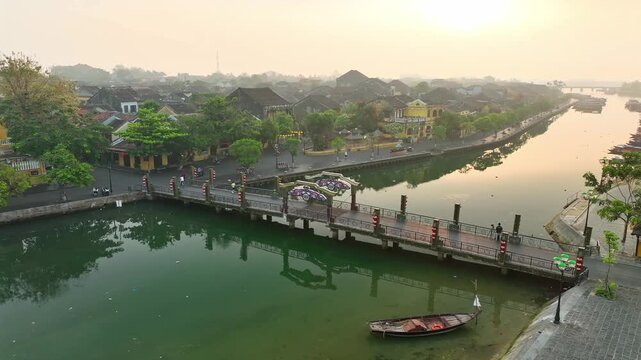 Aerial view of Hoi An ancient town at morning. Famous old town for travel in Vietnam, UNESCO World Heritage.
