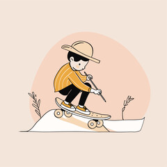 Minimalist illustration of a kid skateboarding with simple colors.
