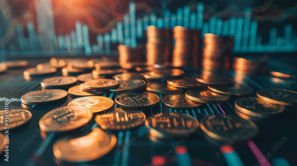 Poster a pile of gold coins sits on a table with a graph in the background